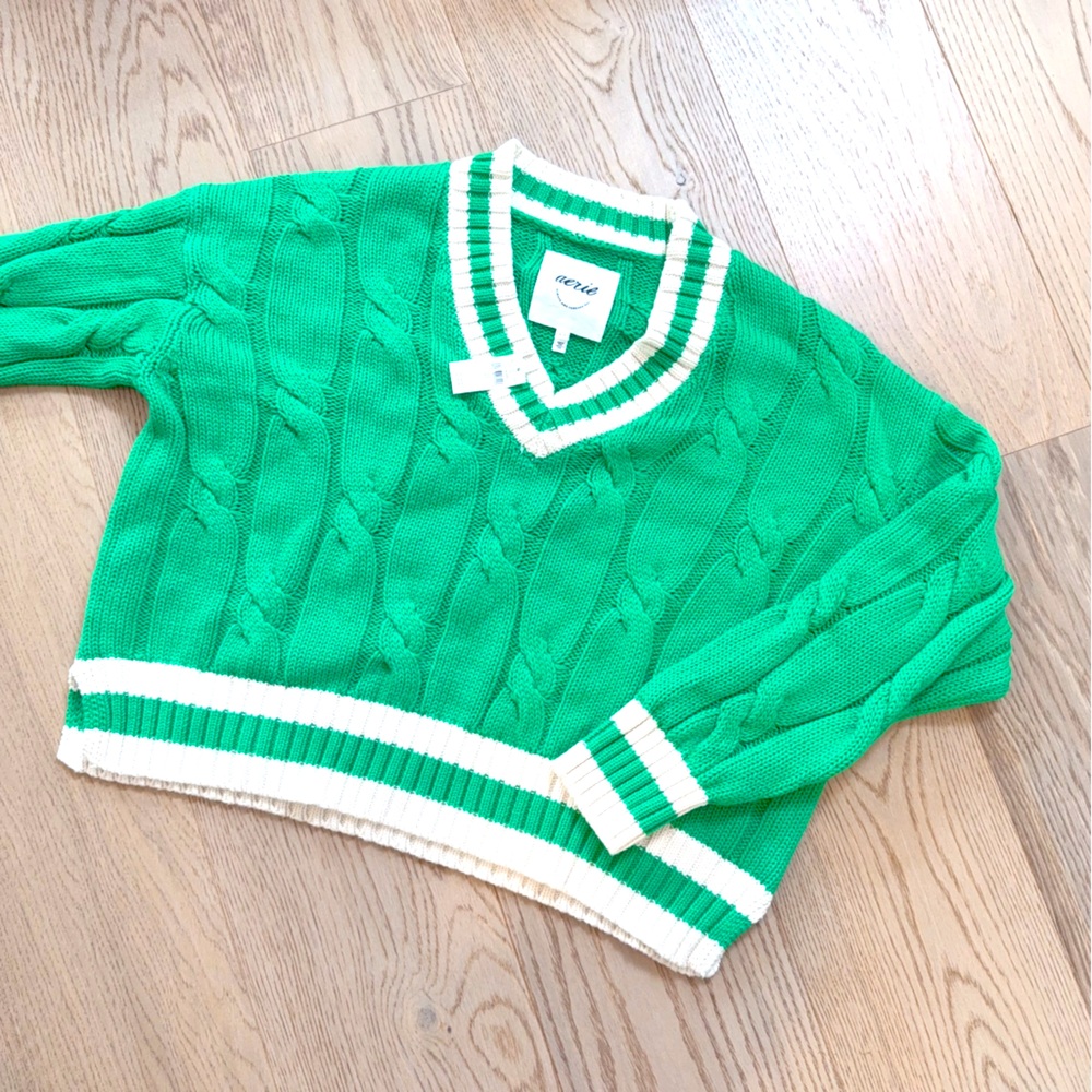 aerie Green and White V-Neck Cable Knit Sweater